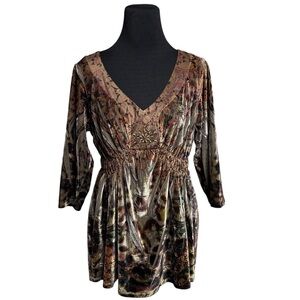 Apt 9 XL 1X Velvety Sequin Long Sleeve Boho Moroccan Print Babydoll V Neck Y2K